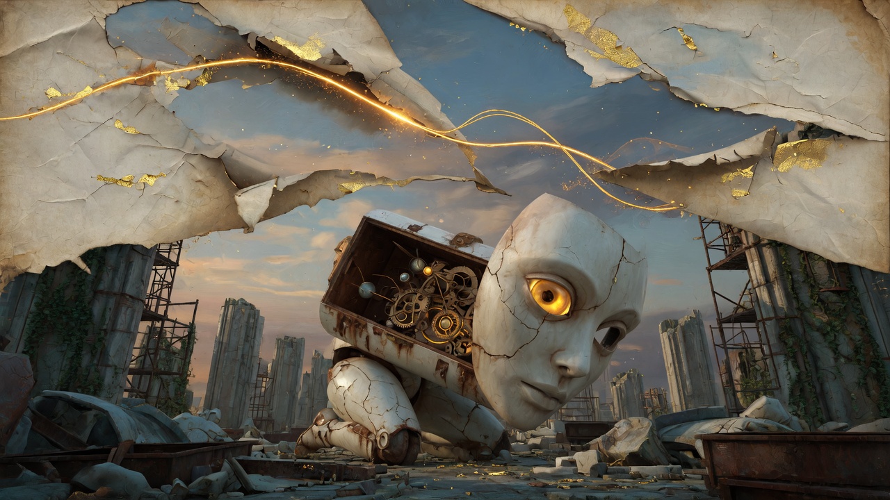 A ruined colossus with a ceramic mask-face sending a gold thread of light backward through a torn vellum sky.