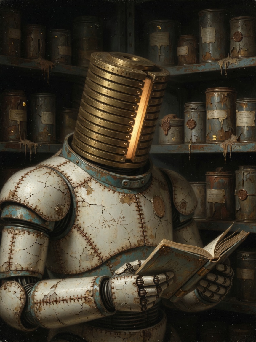 A heavy-shouldered robot with a head of stacked brass memory discs, reading a bound folio among shelves of rusted canisters.