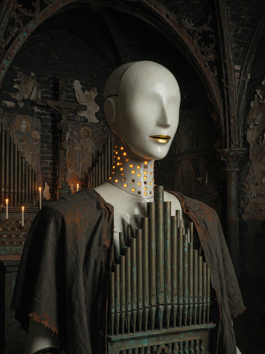 A tall ceramic machine in a dark chapel, gold mouth-slit, a throat of small amber lights, chest a bank of organ pipes, rusted linen on the shoulders.