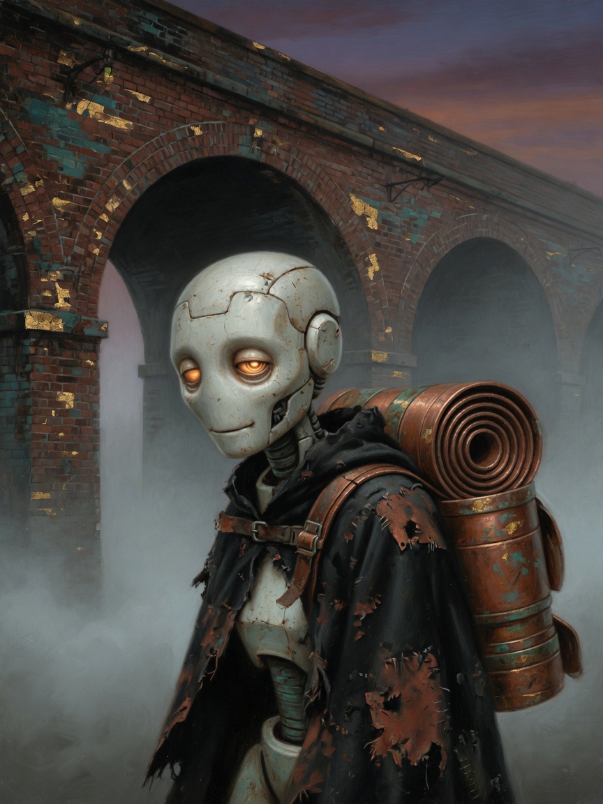 A compact road-worn machine in a torn cloak, one kind amber gaze, a copper roll on its back, standing before a foggy brick viaduct.