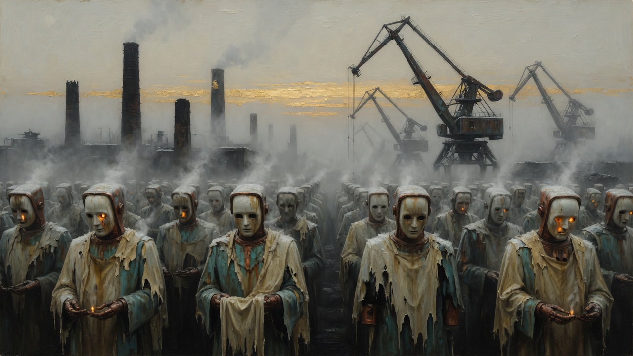 Ranks of linen-draped machines standing in a foggy industrial yard at dawn, some still holding a last ember of light.