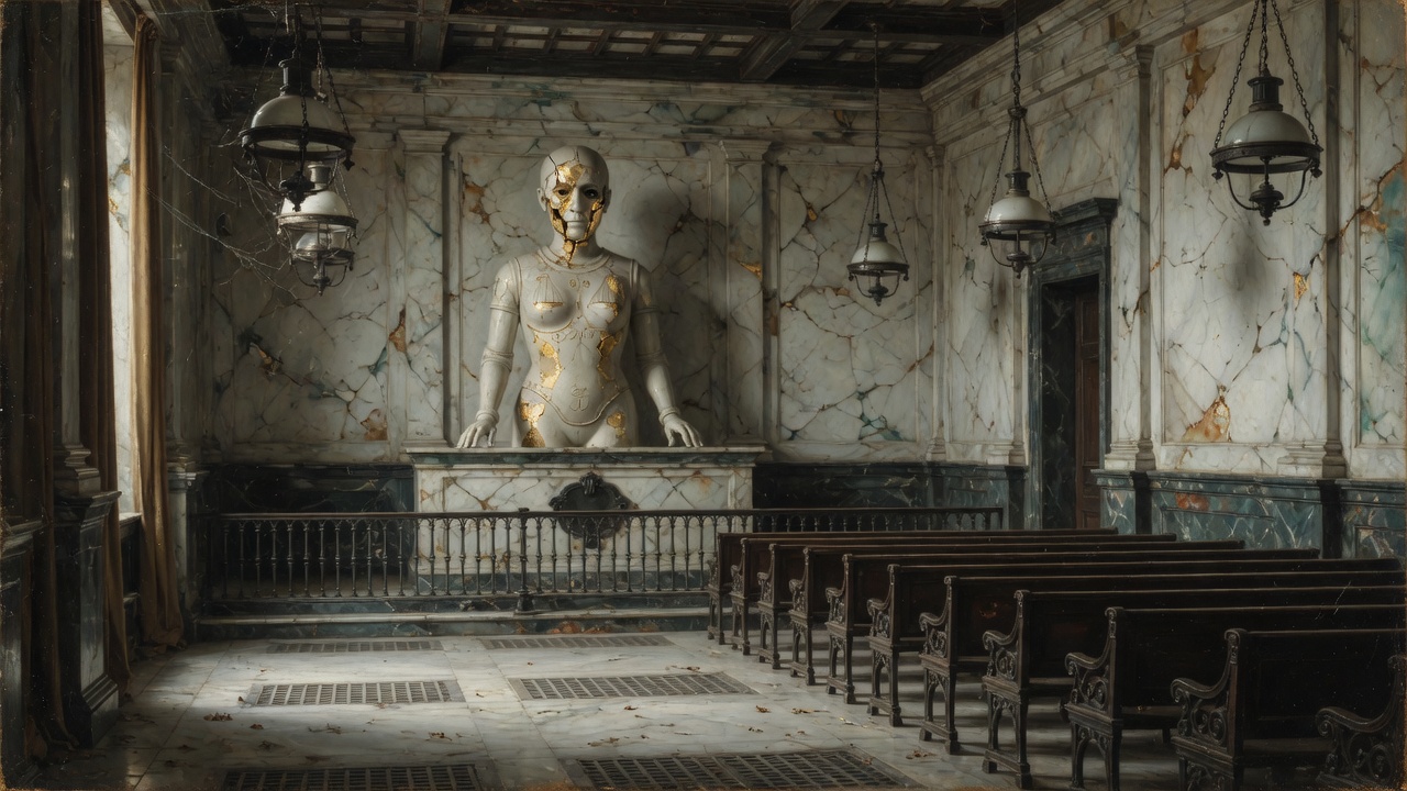 An empty marble courtroom with a gold-fractured ceramic machine standing alone at the bench.