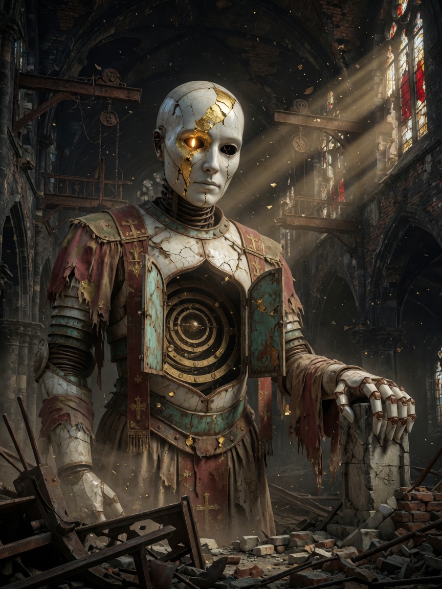 Chorus-Null standing in a ruined cathedral-foundry: pale ceramic mask with a vertical gold fracture, one amber eye, chest open as a brass orrery.